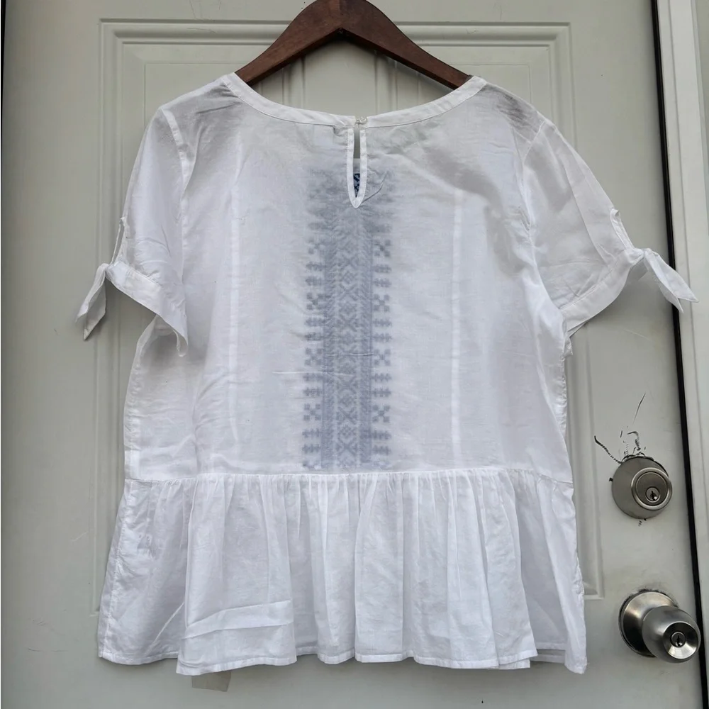 J. Crew White Top with Blue Embroidered Front
